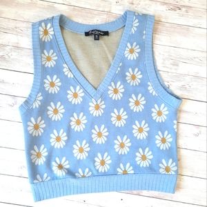 Mixed Trends Sweater Vest | blue with daisy motif | | Girls medium